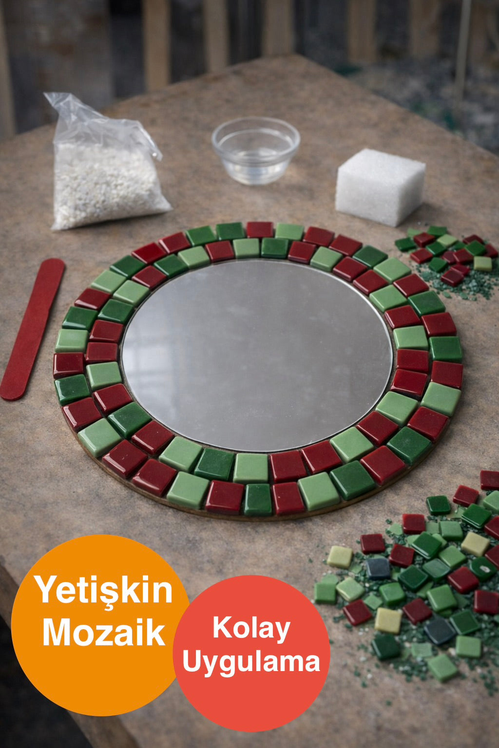 28x28cm Yuvarlak Pleksi Aynalı Yetişkin Set (Başlangıç Seviye)Yeşil-Kırmızı