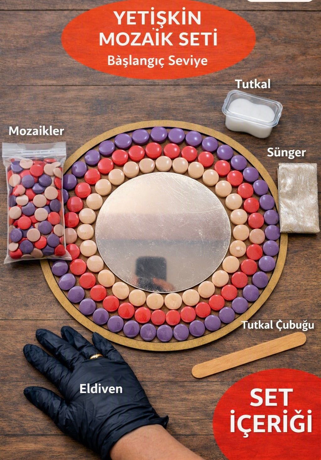 Yetişkin Mozaik Seti - 34x34cm Yuvarlak Pleksi Aynalı Kırmızı Tonlar